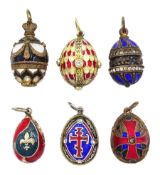 Six Russian silver and silver-gilt enamel and paste stone set egg pendants