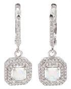 Pair of silver cubic zirconia and opal cluster pendant earrings