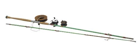 Fishing rod together with Mitchell Garcia 324 reel and two wooden reels