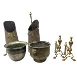 Pair or brass and copper fire dogs with gadrooned finials and scrolled supports