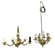Five branched brass chandelier together a similar six branched chandelier