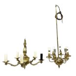 Five branched brass chandelier together a similar six branched chandelier