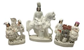 Three flat back Staffordshire figures to include Scottish huntsman with draped deer on horseback