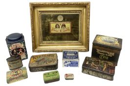 Quantity of vintage tins to include framed 1902 Coronation example with medallion in one box