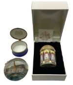 Cylindrical music box with domed lid depicting the Music Room at Buckingham Palace and playing Mozar