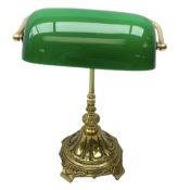 Brass bankers lamp with green glass shade on ornate base