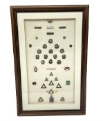 Framed display of thirty-seven pin badges etc including Hull Thursday Club enamelled fob dated 1961-