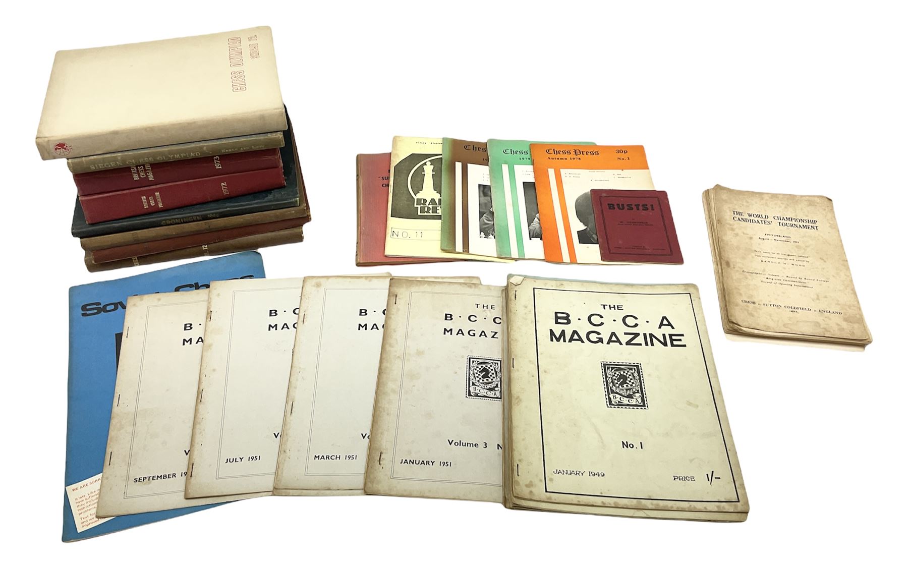 Three bound volumes of 'Chess' magazine 1946-50; fifteen issues of 'The BCCA Magazine' 1949-51; Ches