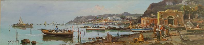 G Esposito (Italian 20th century): Panoramic Harbour View