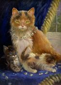 Iris Collett (British 1938-): Cat and Kittens with Daisy Chains