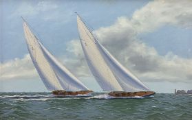George Drury (British 1950-): 'J Cass Yachts Endeavour & Valsheda heading for the Needles'
