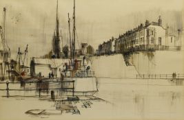 Patrick Collins (British 20th century): Shipyard before a Church