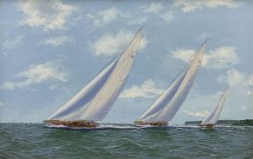 George Drury (British 1950-): 'J Cass Yachts passing the Squadron'