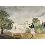East India Company School (19th century): Portrait of a White Stallion with Handler in Landscape