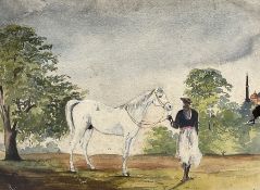 East India Company School (19th century): Portrait of a White Stallion with Handler in Landscape