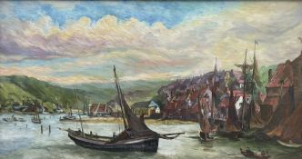 M J Turnbull (British 20th century): Whitby Sailing Boat in Harbour