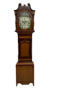 A late Victorian c1860 30-hour chain driven oak and mahogany longcase clock with a swan neck pedimen