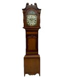 A late Victorian c1860 30-hour chain driven oak and mahogany longcase clock with a swan neck pedimen