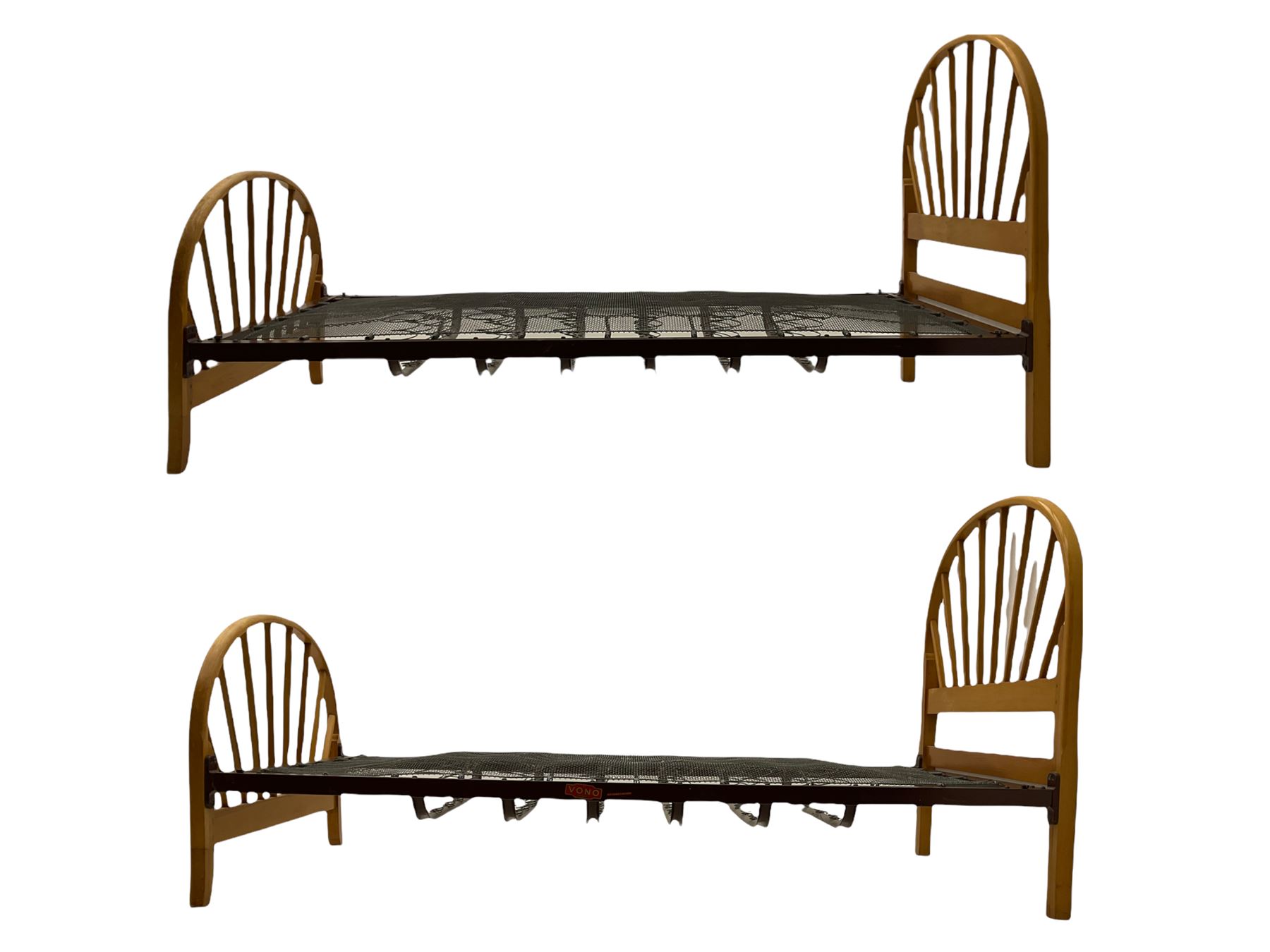 Pair of mid-20th century beech framed hoop back single bedsteads with iron spring frames - Image 2 of 10