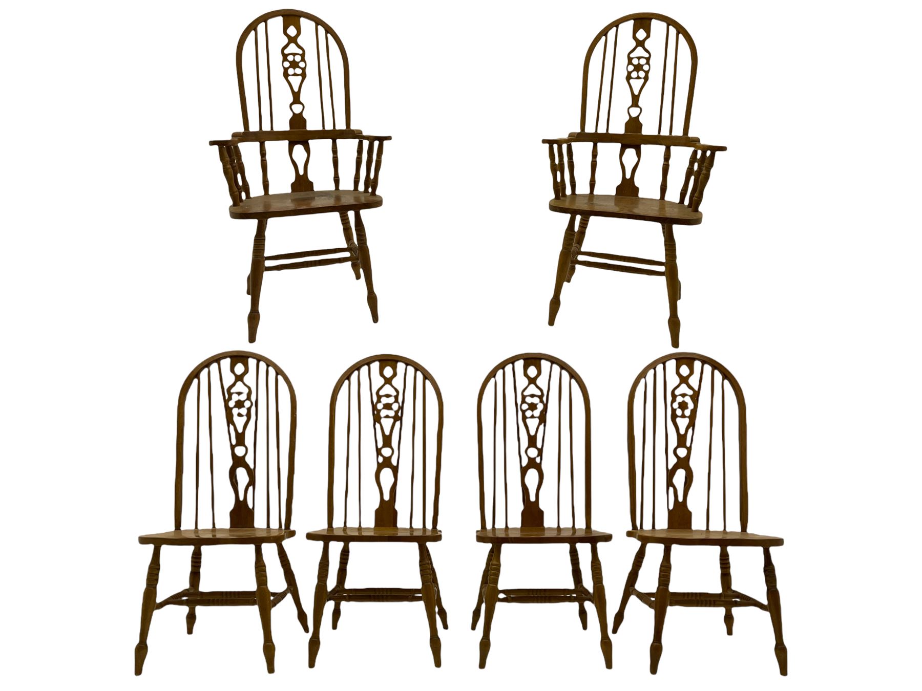 Set of six lightwood Windsor style dining chairs