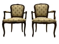 Pair French style beech framed open armchairs