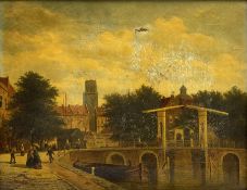 J O Weevers (Dutch 1837-1903): Rotterdam Canal Scene with the Grote of Sint-Laurenskerk