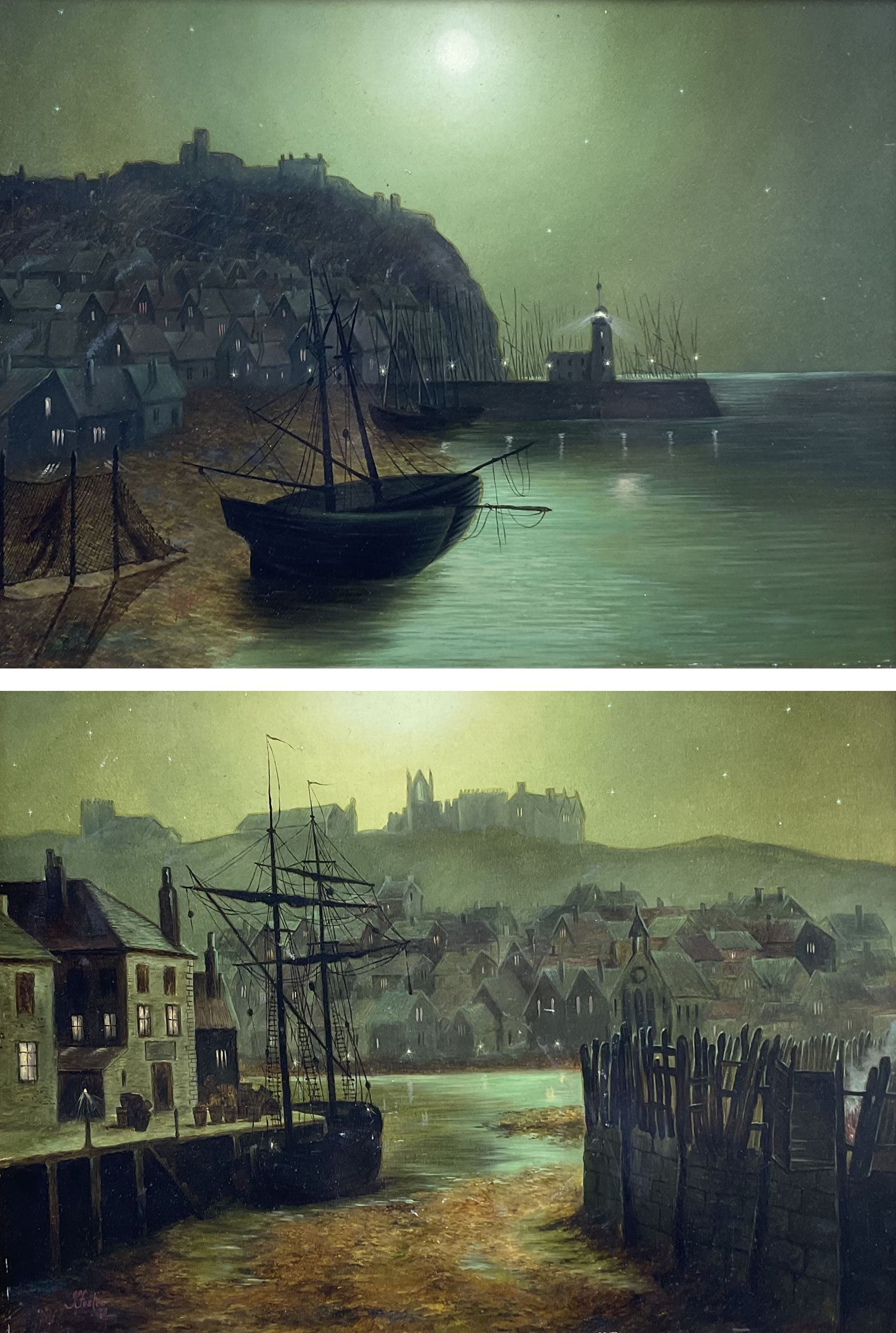 J Foster: Scarborough and Whitby Harbours by Moonlight