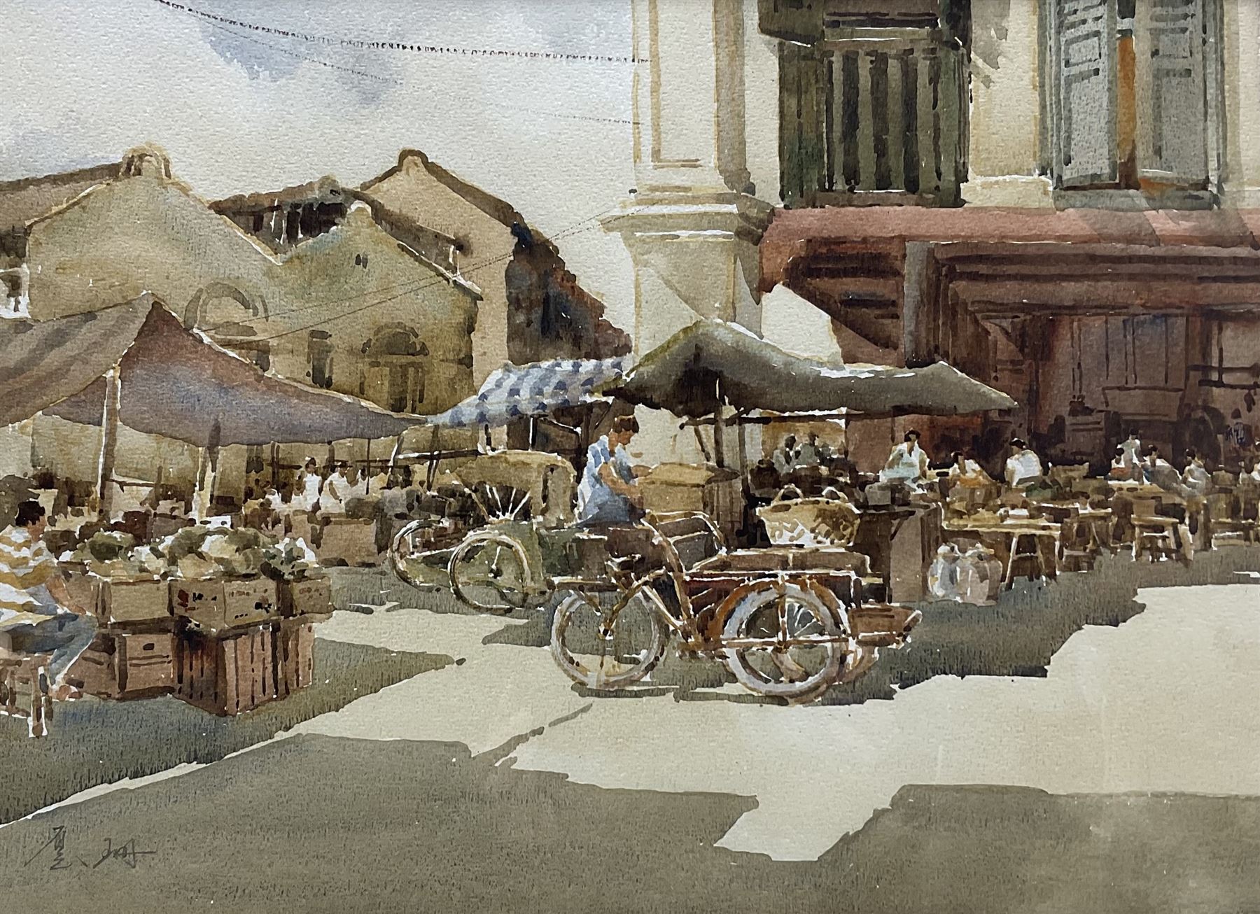 Chinese School (Mid 20th century): Market Square with Bicycles in Sunlight