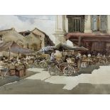 Chinese School (Mid 20th century): Market Square with Bicycles in Sunlight