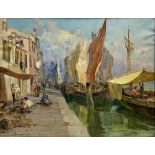 Angelo Brombo (Italian 1893-1962): Busy Venetian Waterfront