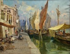 Angelo Brombo (Italian 1893-1962): Busy Venetian Waterfront