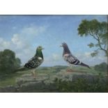 Walter Goodin (British 1907-1992): Study of two Champion Racing Pigeons in Landscape setting