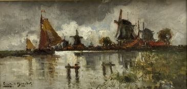 Frank Henry Mason (Staithes Group 1875-1965): Dutch Waterway with Windmills