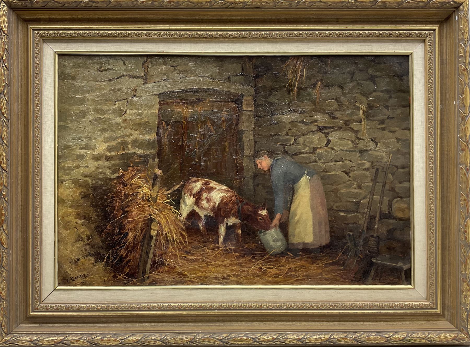 William Greaves (British 1852-1938): Farmer's Wife Feeding a Calf in Stable setting - Image 4 of 4