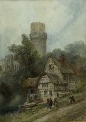 Paul Marny (French/British 1829-1914): Warwick Castle with Old Cottages and Figures in the foregroun
