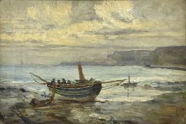 James Watson (Staithes Group 1851-1936): Cobles on the Shoreline Runswick Bay