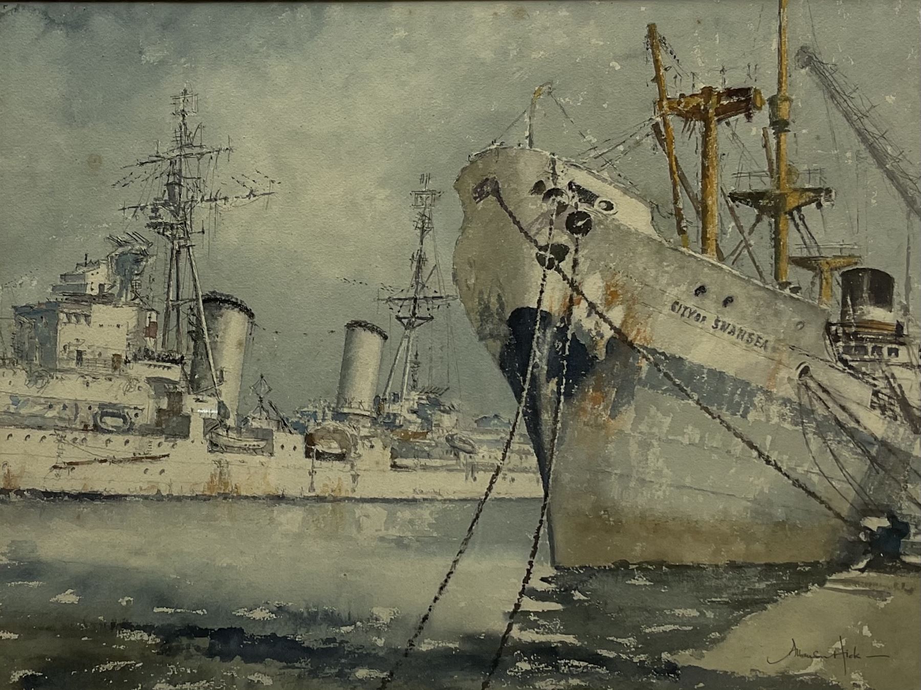 Allanson Hick (British 1898-1975): 'The Scylla' (Dido Class) cruiser in Hull Docks in the company of