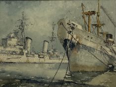 Allanson Hick (British 1898-1975): 'The Scylla' (Dido Class) cruiser in Hull Docks in the company of