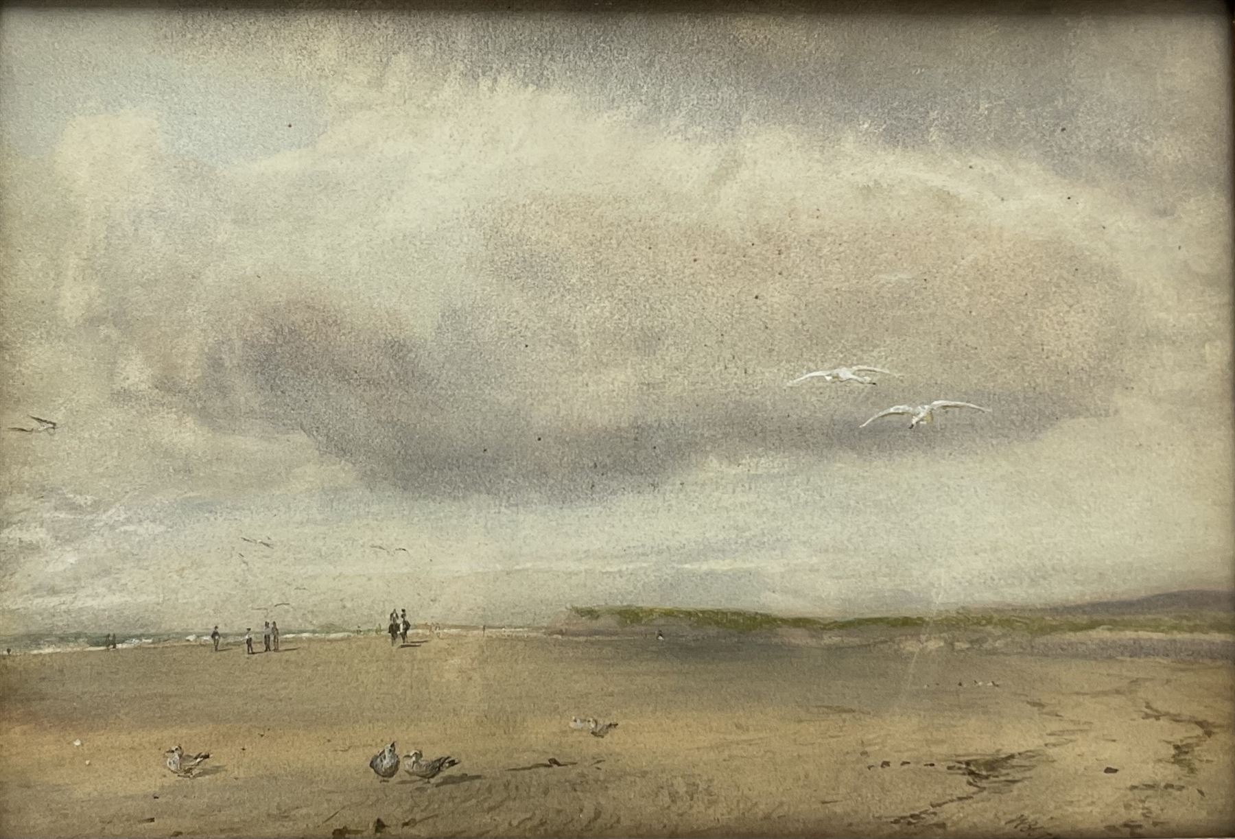 Attrib. Wilfrid Williams Ball (British 1853-1917): Open Beach with Geese Seagulls and Figures