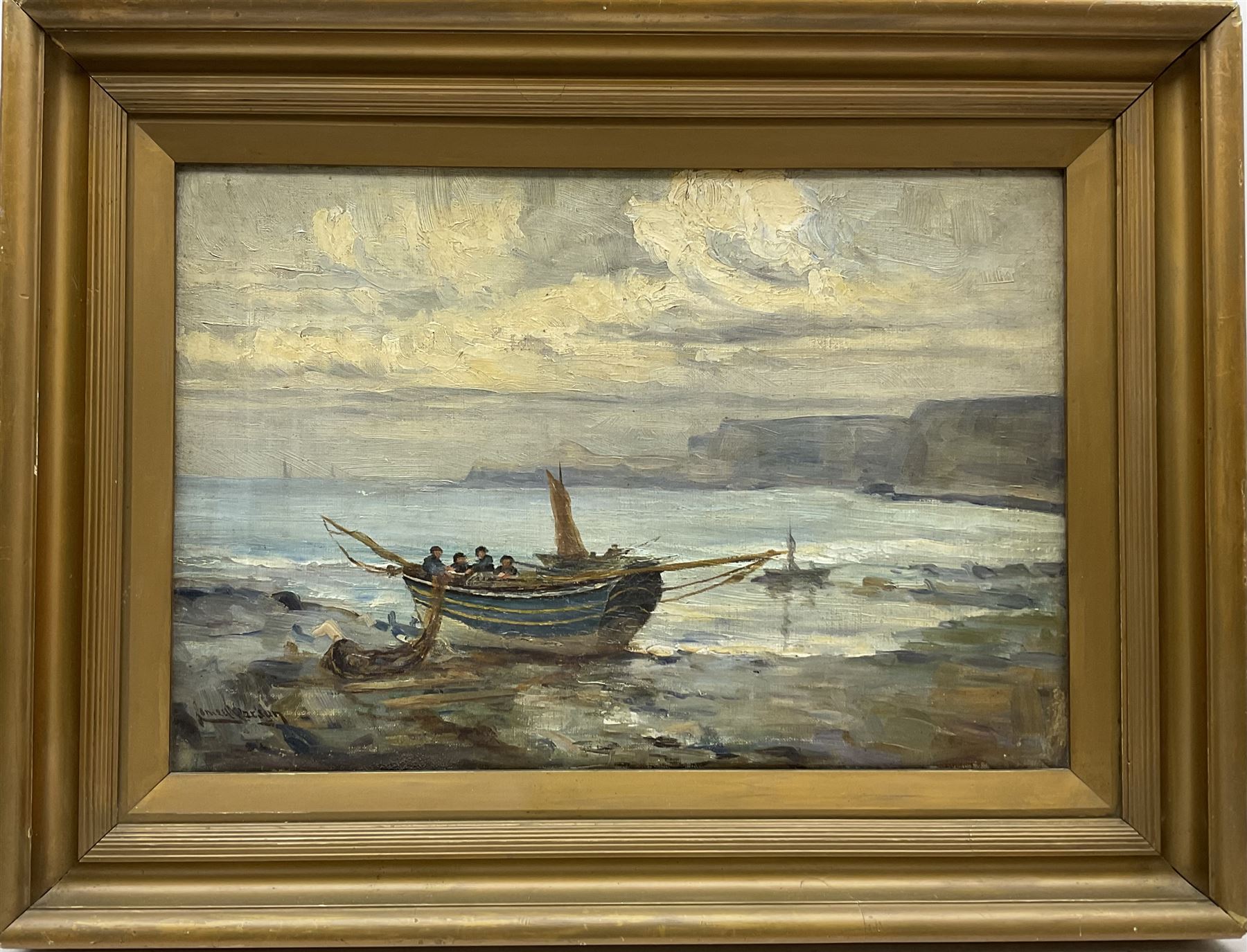 James Watson (Staithes Group 1851-1936): Cobles on the Shoreline Runswick Bay - Image 2 of 4
