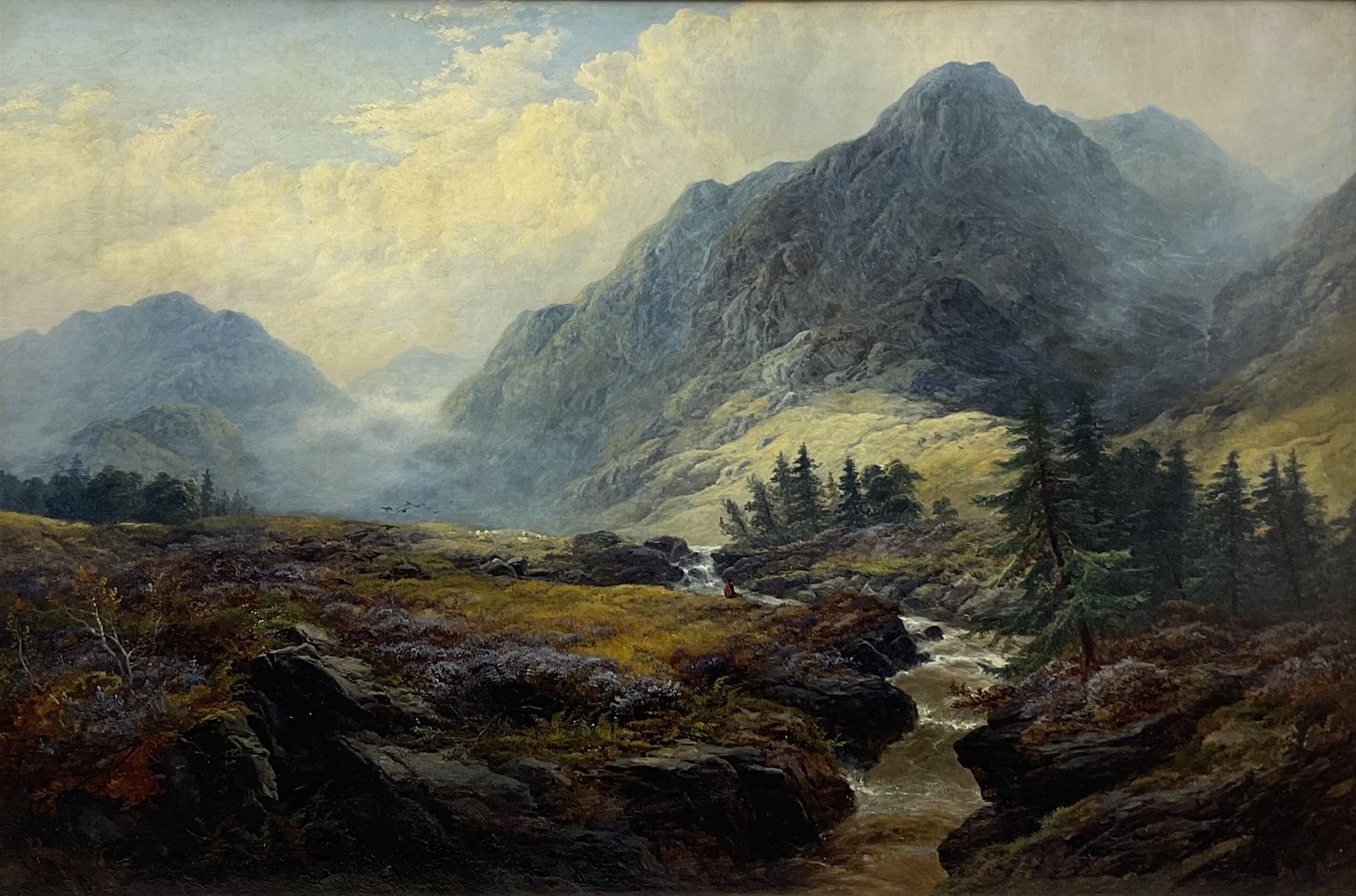 George Blackie Sticks (British 1843-1938): Highland Stream with Fisherman