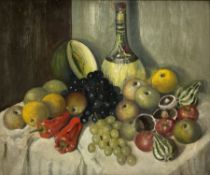 Continental School (Mid 20th century): Still Life of Fruit Vegetables and a Wine Bottle