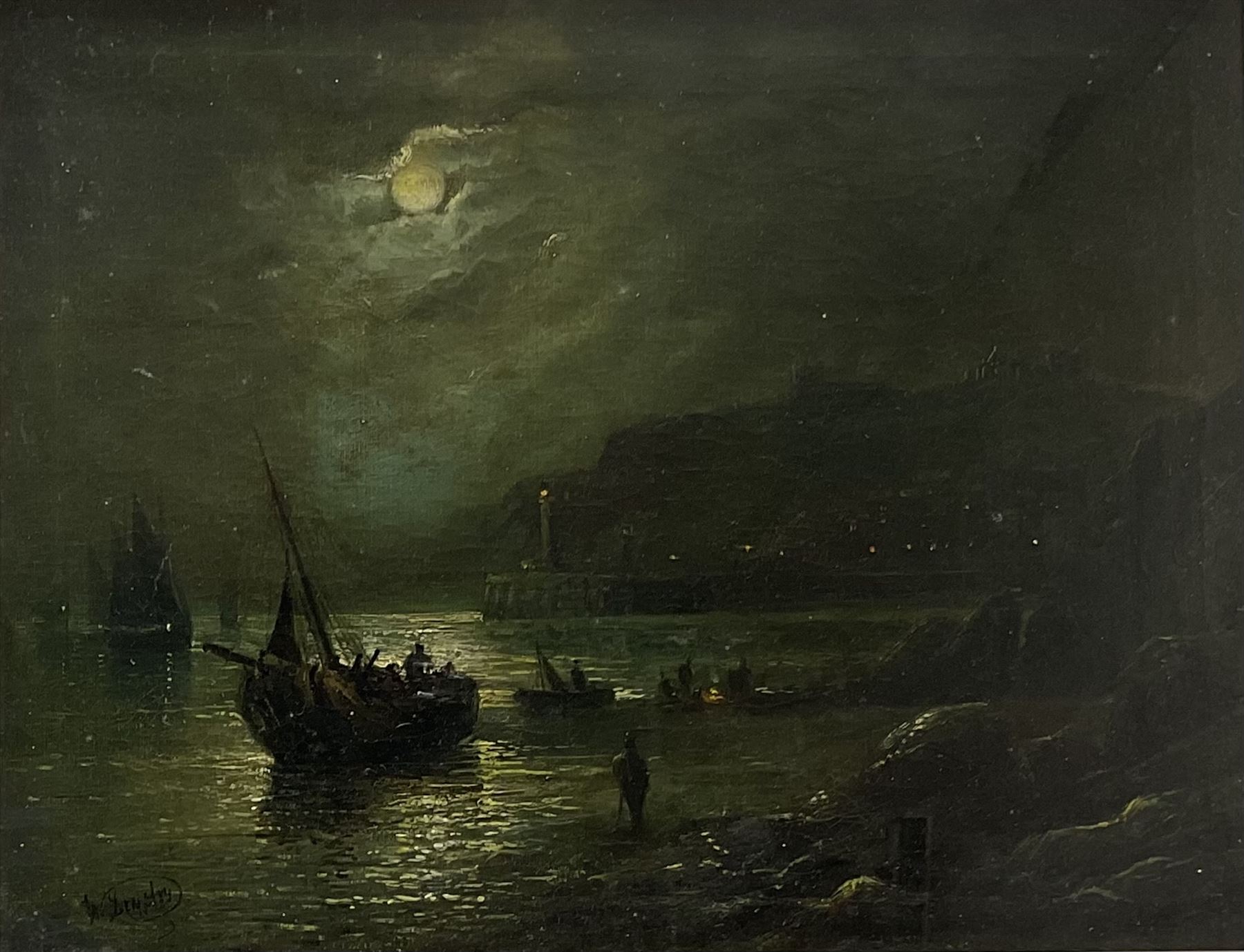 Walter Linsley Meegan (British c1860-1944): Whitby Harbour from Upgang by Moonlight