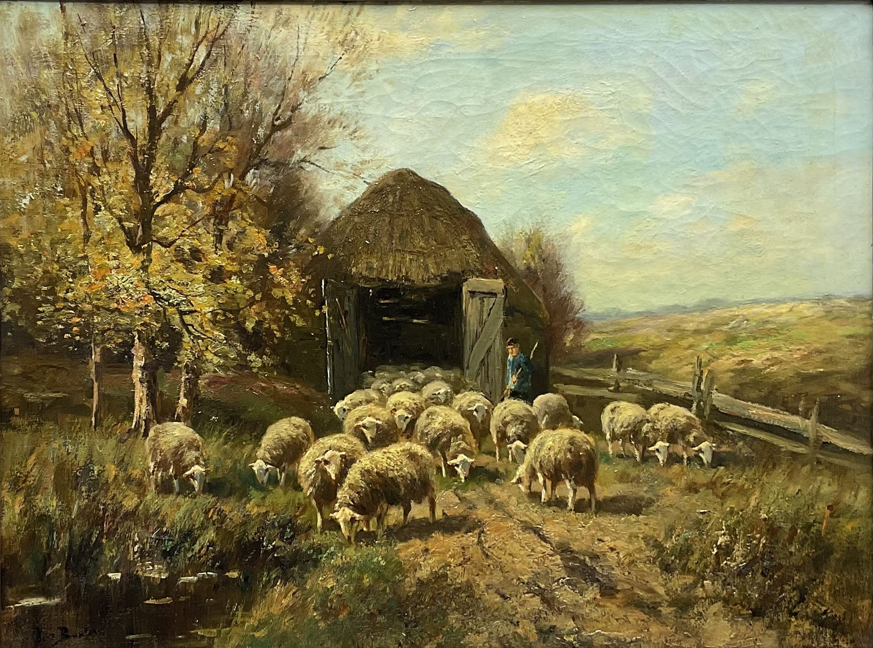 Pieter Adrianus Bouter (Dutch 1887-1968): Shepherd releasing his Flock from an Upland Shed