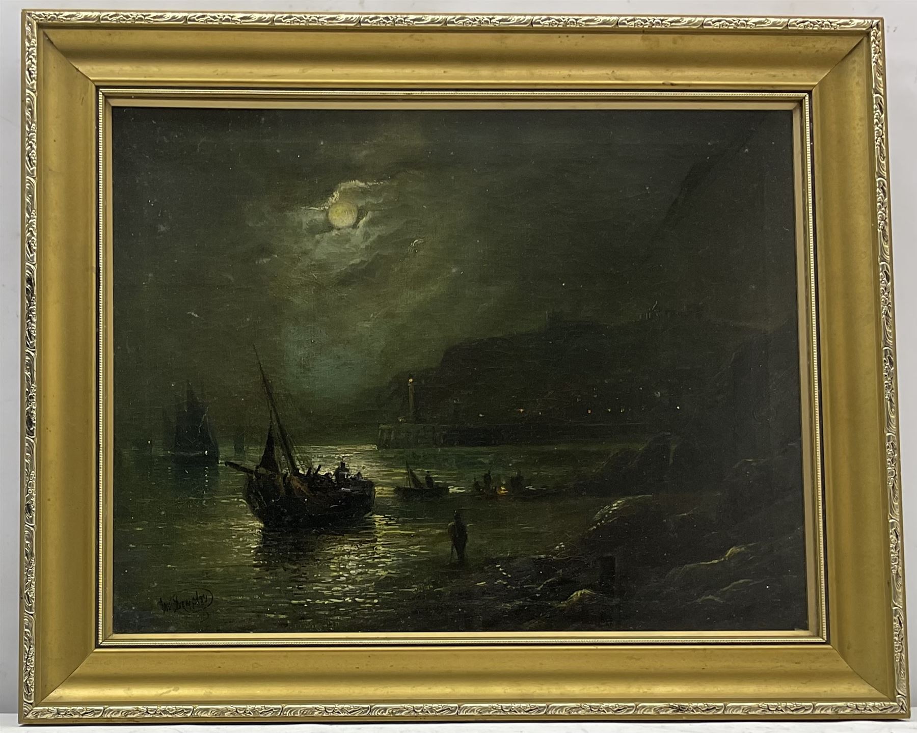 Walter Linsley Meegan (British c1860-1944): Whitby Harbour from Upgang by Moonlight - Image 2 of 4