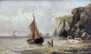 Henry Redmore (British 1820-1887): Fishing Yawl and Figures at the Cliff Foot