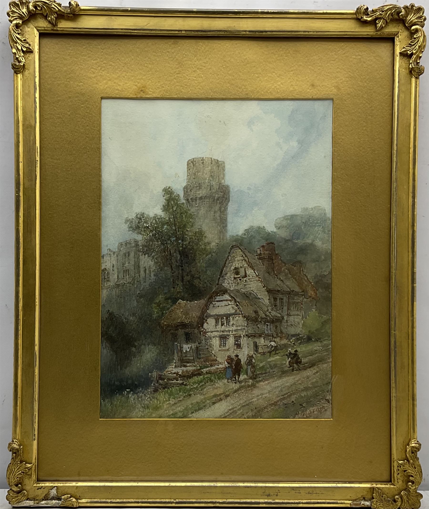 Paul Marny (French/British 1829-1914): Warwick Castle with Old Cottages and Figures in the foregroun - Image 2 of 4