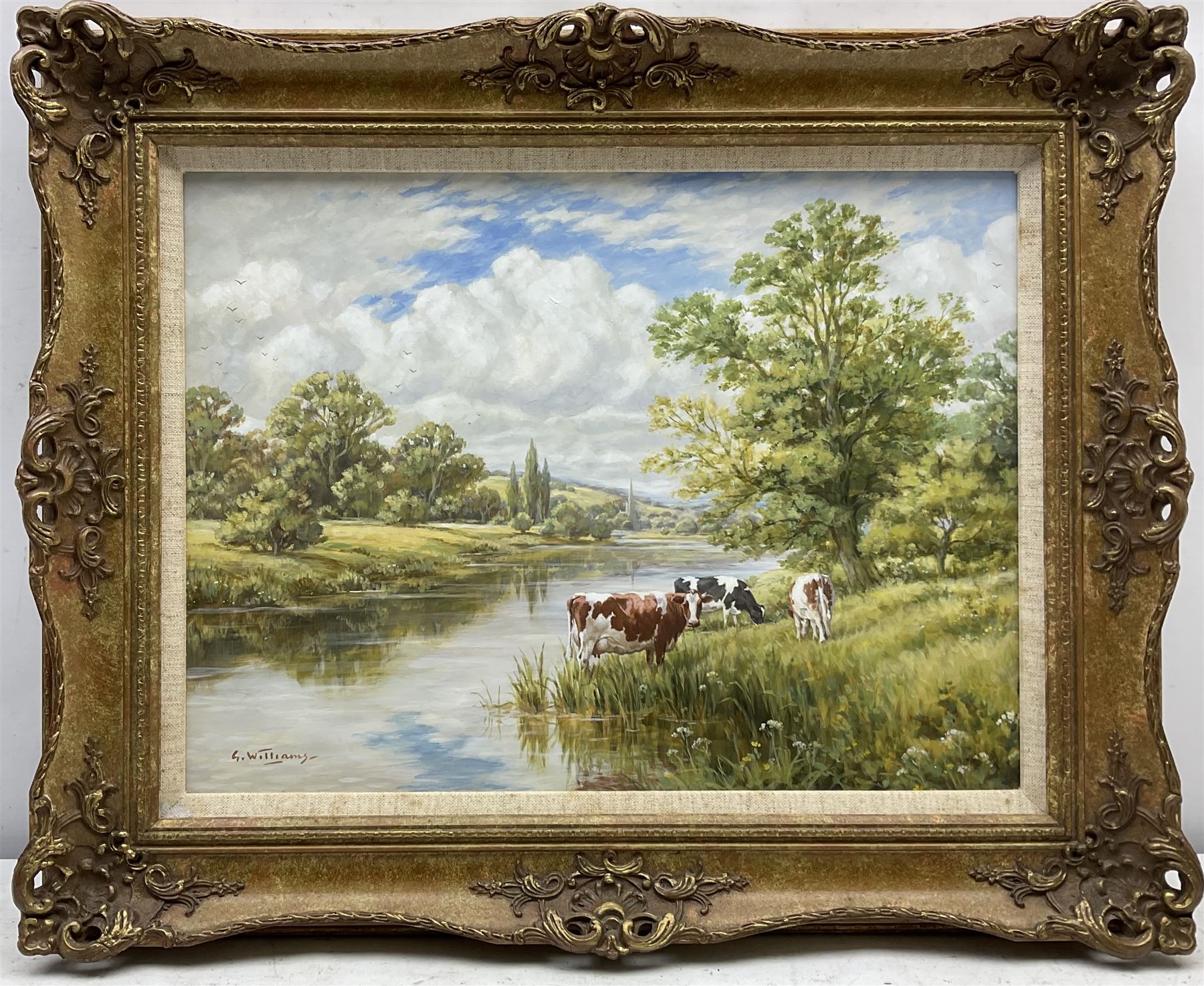 Glynn Williams (British 1955-): 'Cows Grazing by the River' - Image 2 of 4