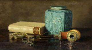 Elaine Katherine Grimshaw (British 1877-1972): Still Life of a Chinese Jar Pipe Book and Spectacles