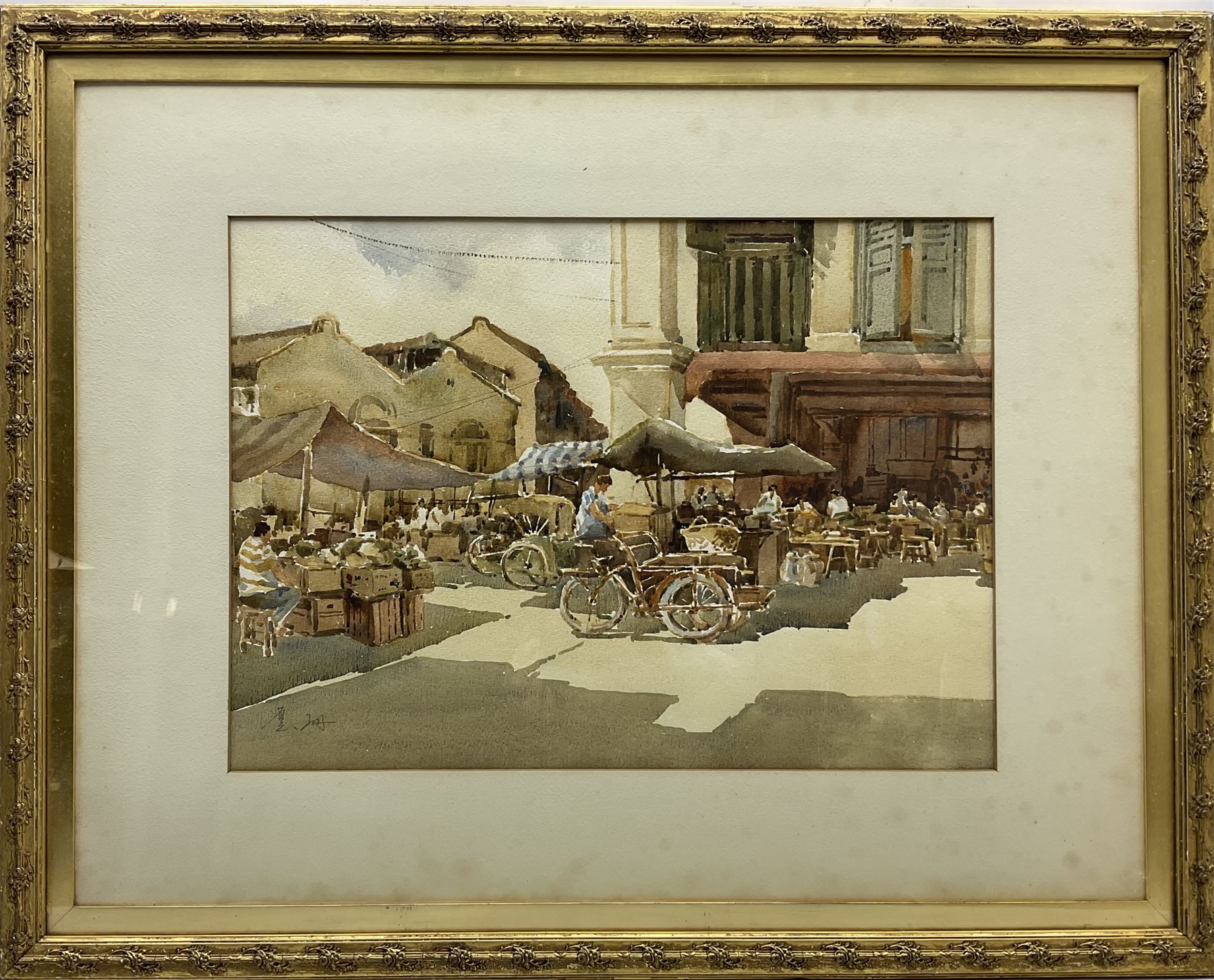Chinese School (Mid 20th century): Market Square with Bicycles in Sunlight - Image 2 of 4